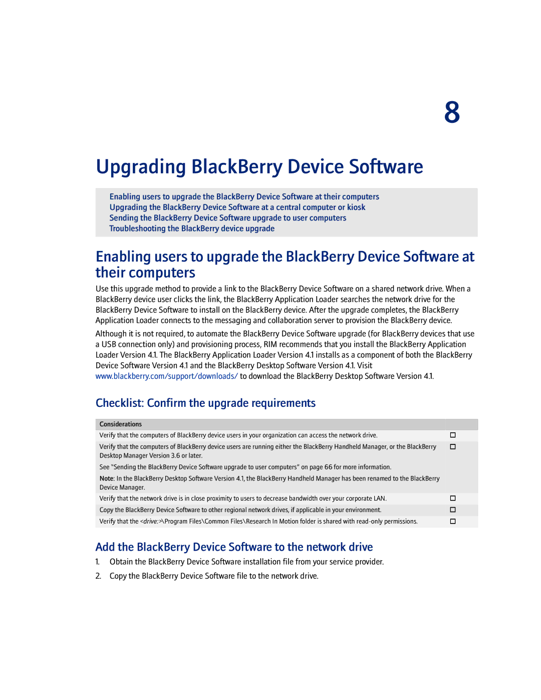 Blackberry 4.1.4 manual Checklist Confirm the upgrade requirements, Add the BlackBerry Device Software to the network drive 