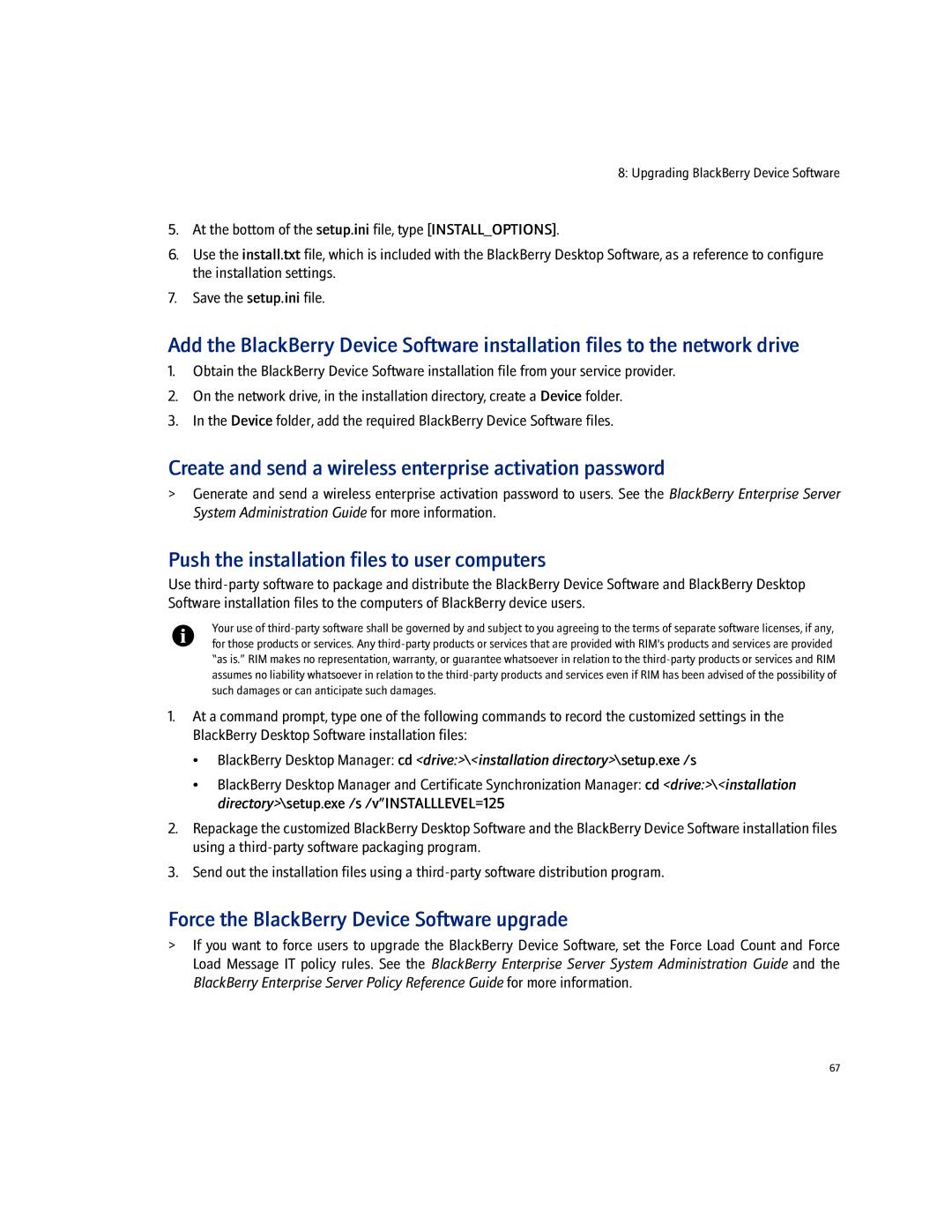 Blackberry 4.1.4 manual Push the installation files to user computers, Force the BlackBerry Device Software upgrade 