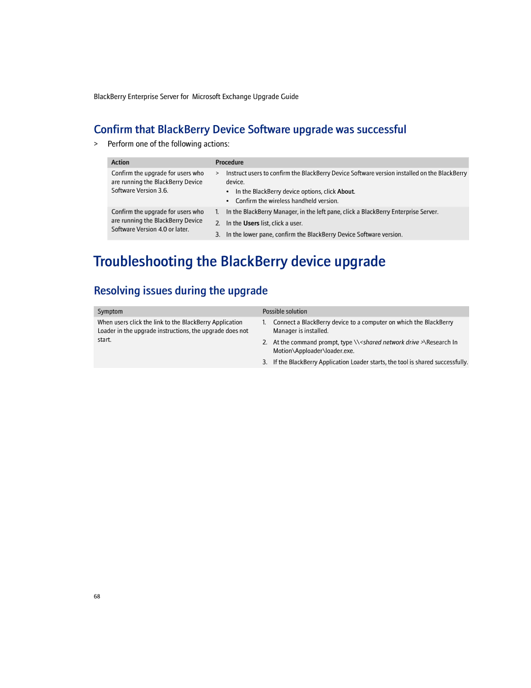 Blackberry 4.1.4 Troubleshooting the BlackBerry device upgrade, Manager is installed, Start, Motion\Apploader\loader.exe 