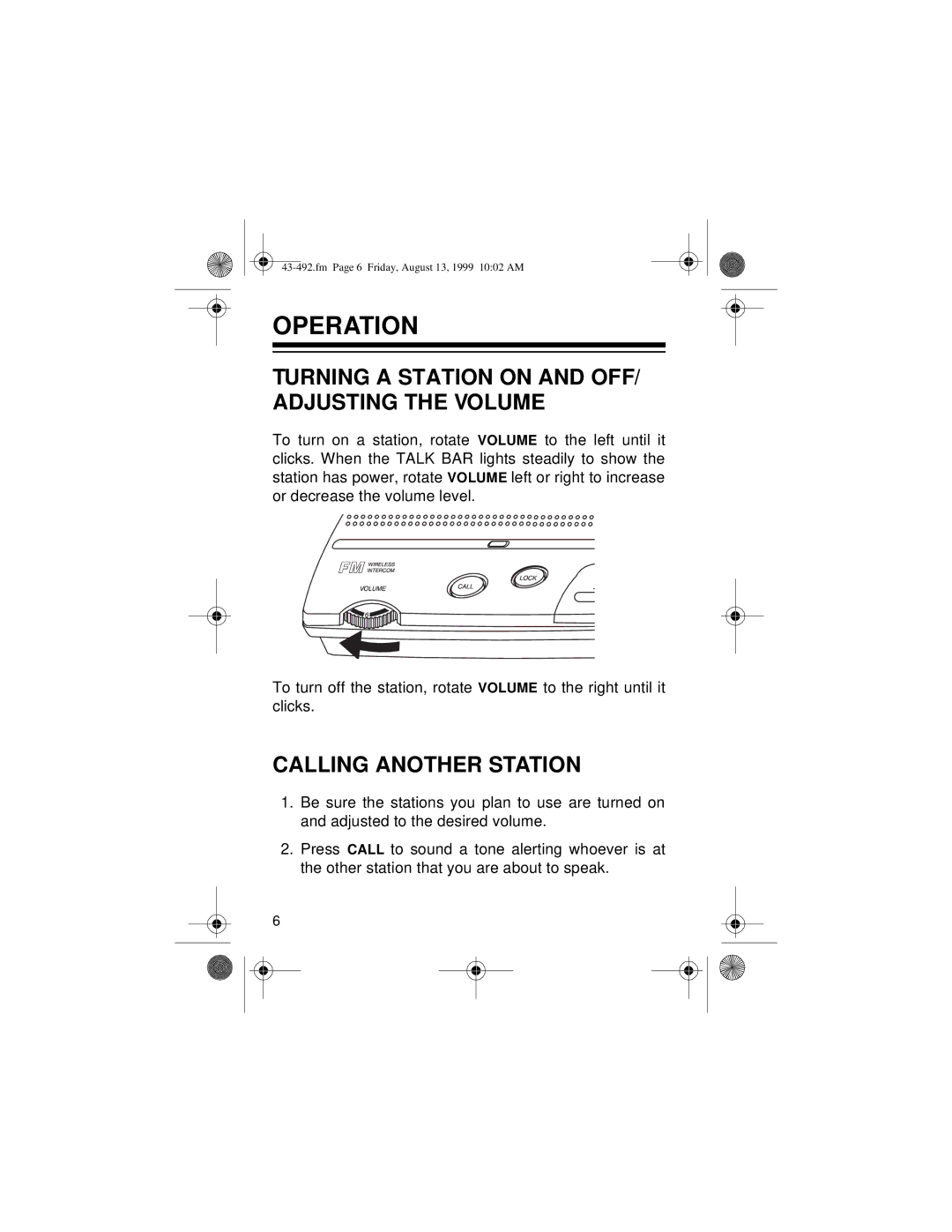 Blackberry 43-492 owner manual Operation, Turning a Station on and OFF/ Adjusting the Volume, Calling Another Station 