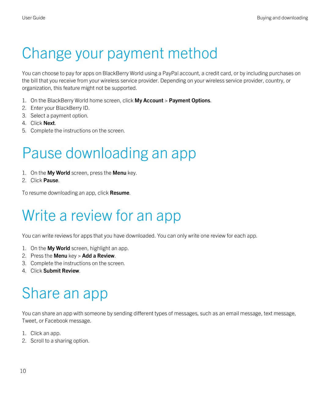 Blackberry 4.3 manual Change your payment method, Pause downloading an app, Write a review for an app, Share an app 