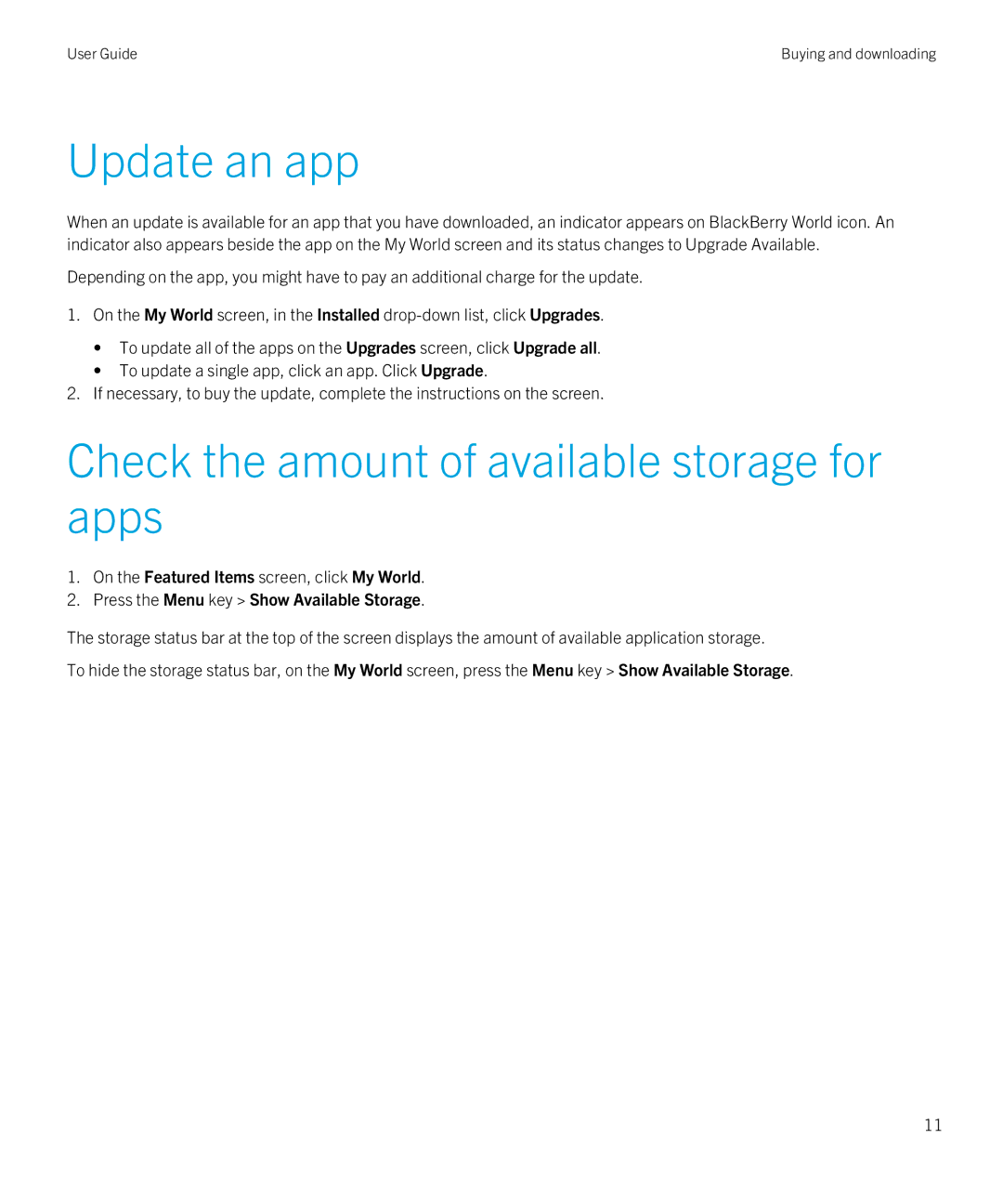 Blackberry 4.3 manual Update an app, Check the amount of available storage for apps 