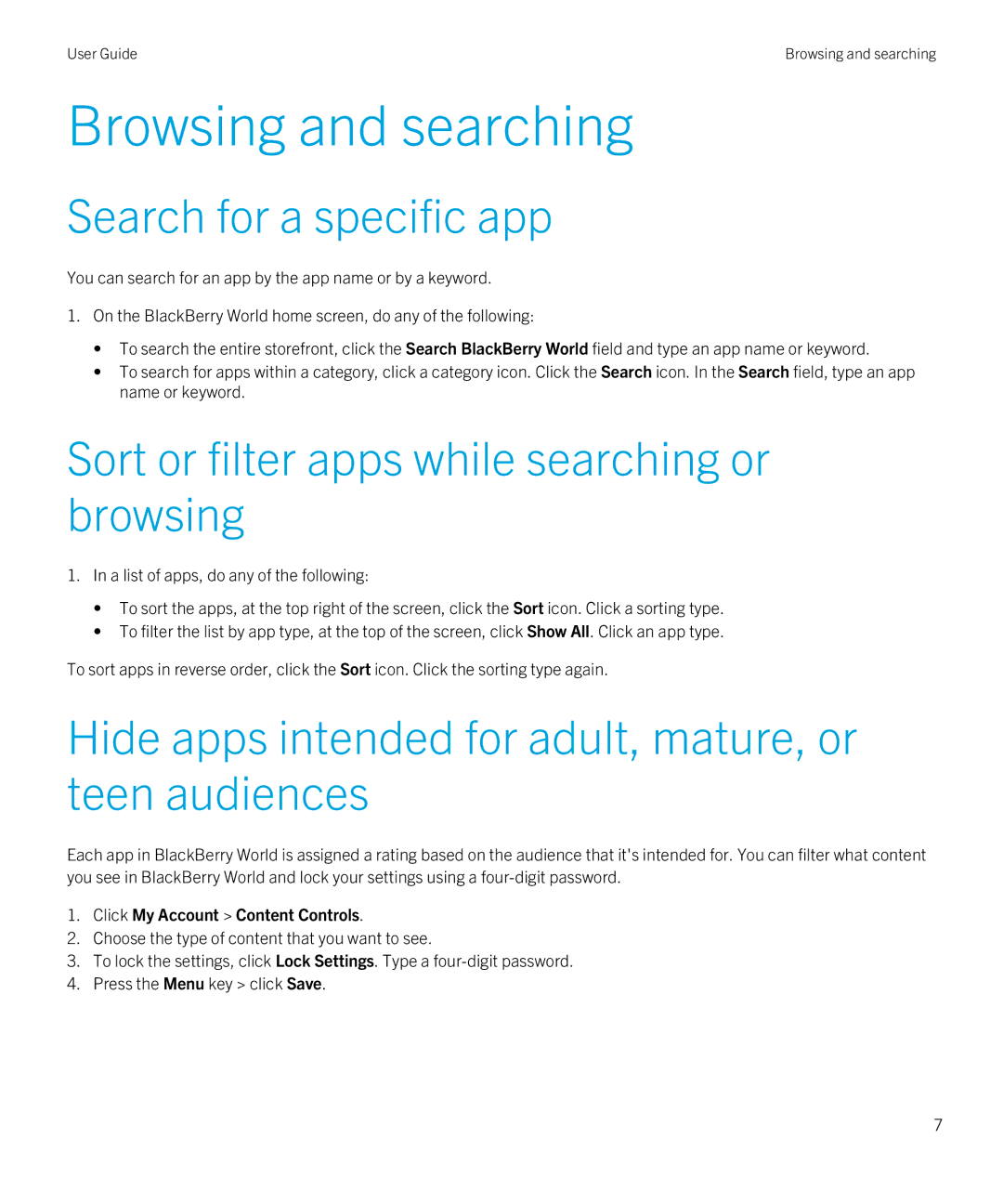 Blackberry 4.3 manual Browsing and searching, Search for a specific app, Sort or filter apps while searching or browsing 