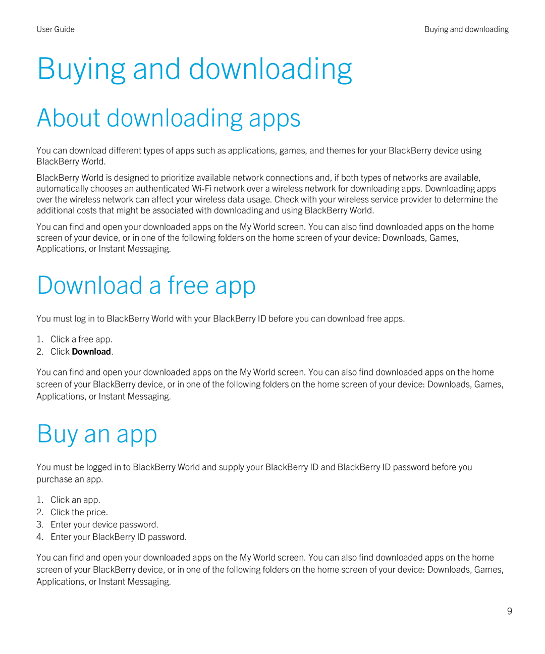 Blackberry 4.3 manual Buying and downloading, About downloading apps, Download a free app, Buy an app 