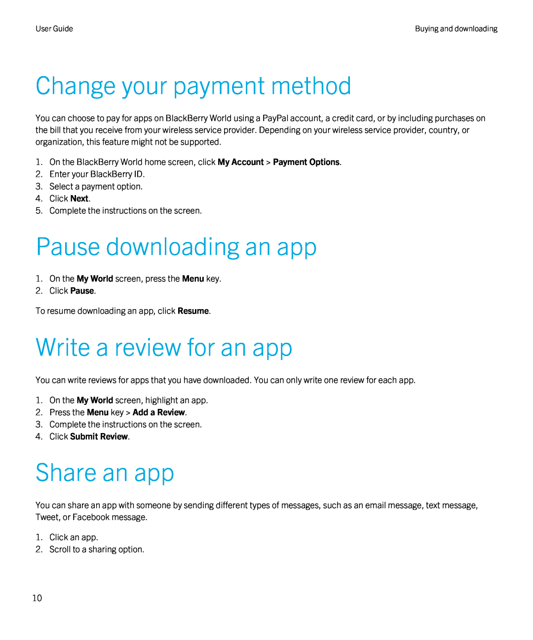 Blackberry 4.3 manual Change your payment method, Pause downloading an app, Write a review for an app, Share an app 