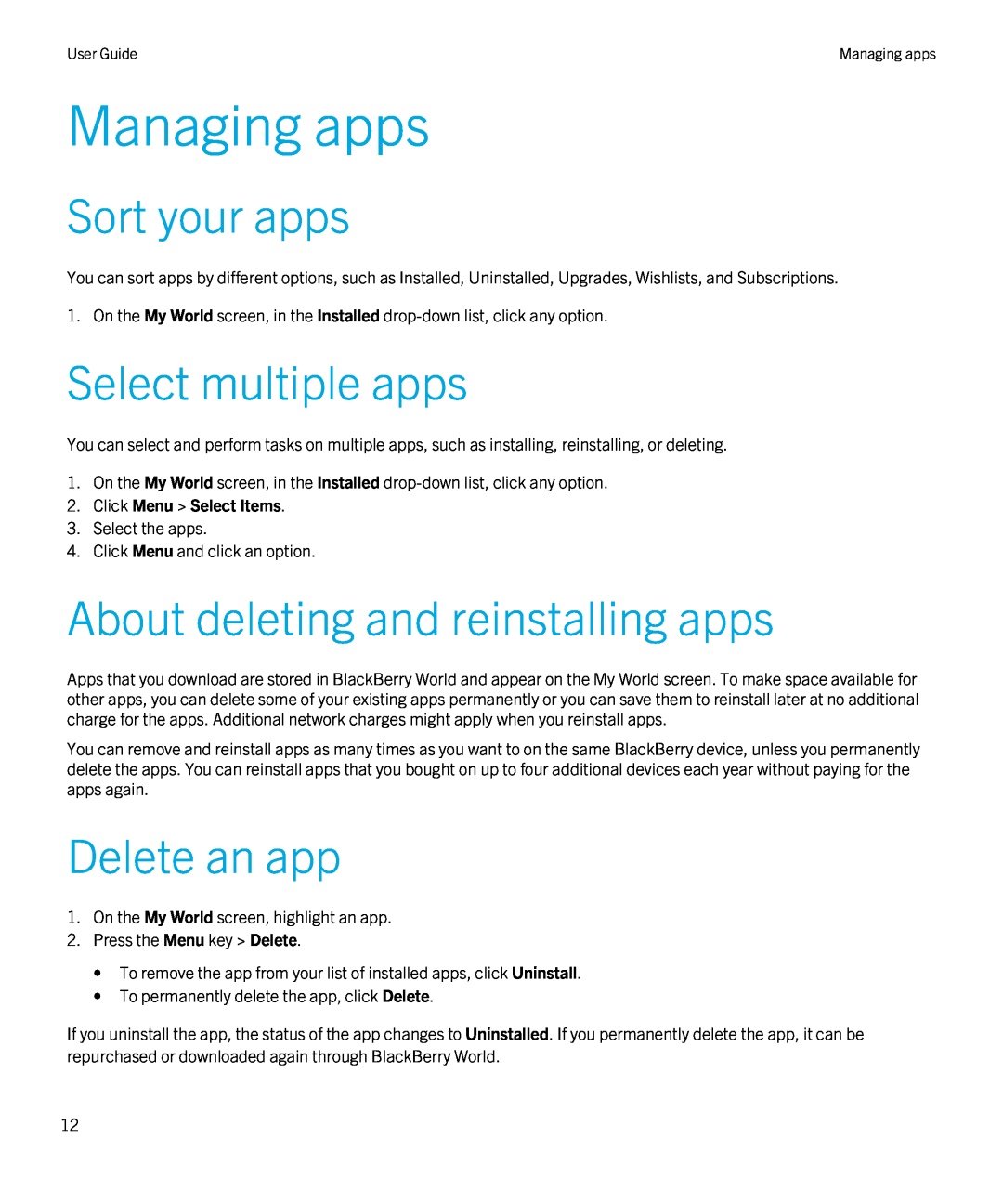 Blackberry 4.3 Managing apps, Sort your apps, Select multiple apps, About deleting and reinstalling apps, Delete an app 