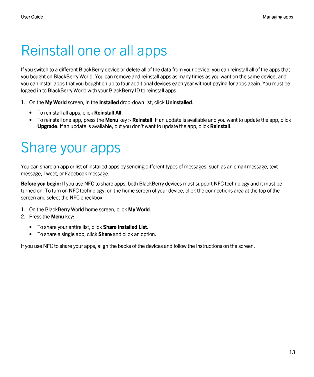 Blackberry 4.3 manual Reinstall one or all apps, Share your apps 