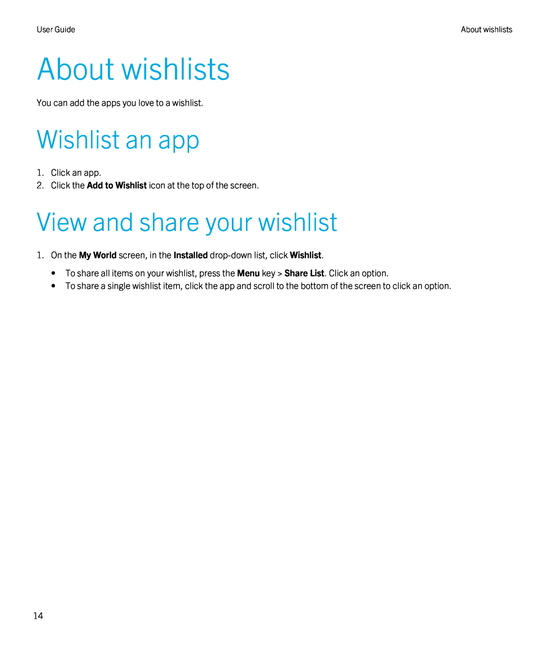 Blackberry 4.3 manual About wishlists, Wishlist an app, View and share your wishlist 
