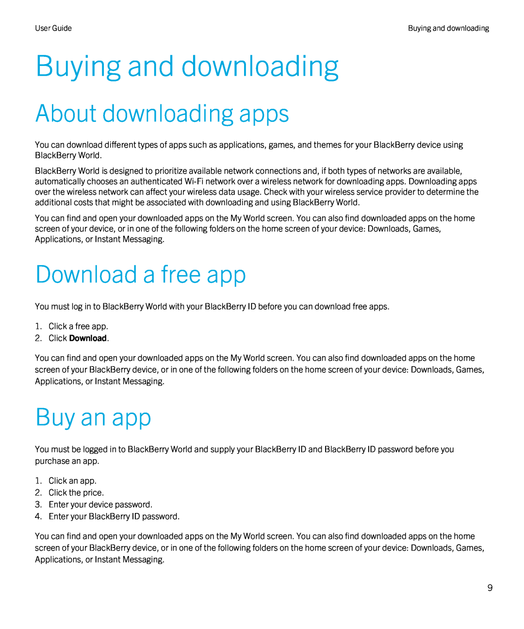 Blackberry 4.3 manual Buying and downloading, About downloading apps, Download a free app, Buy an app, Click Download 