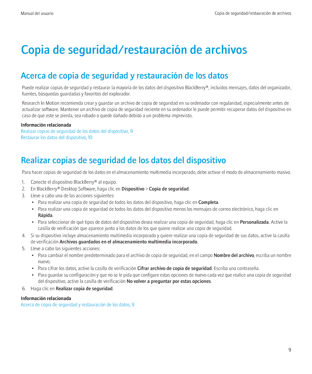 Blackberry 6.0.0 Copia de seguridad/restauración de archivos, Acerca de copia de seguridad y restauración de los datos 