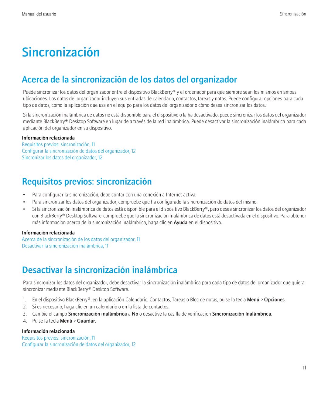 Blackberry 6.0.0 manual Sincronización, Acerca de la sincronización de los datos del organizador 