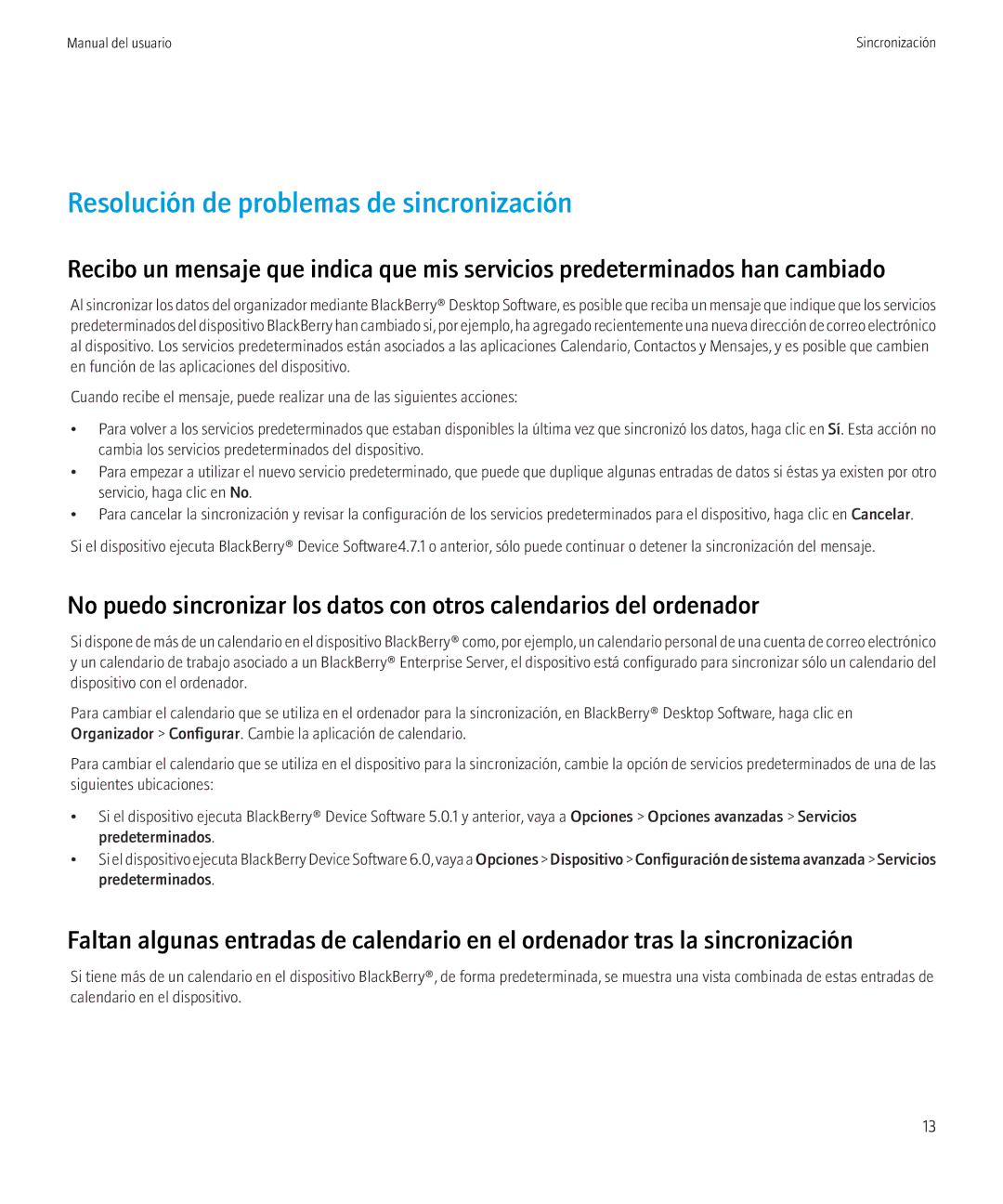 Blackberry 6.0.0 manual Resolución de problemas de sincronización 