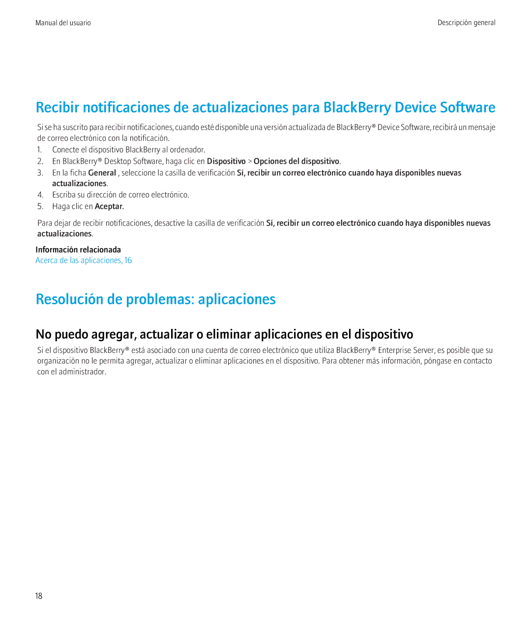 Blackberry 6.0.0 manual Resolución de problemas aplicaciones 