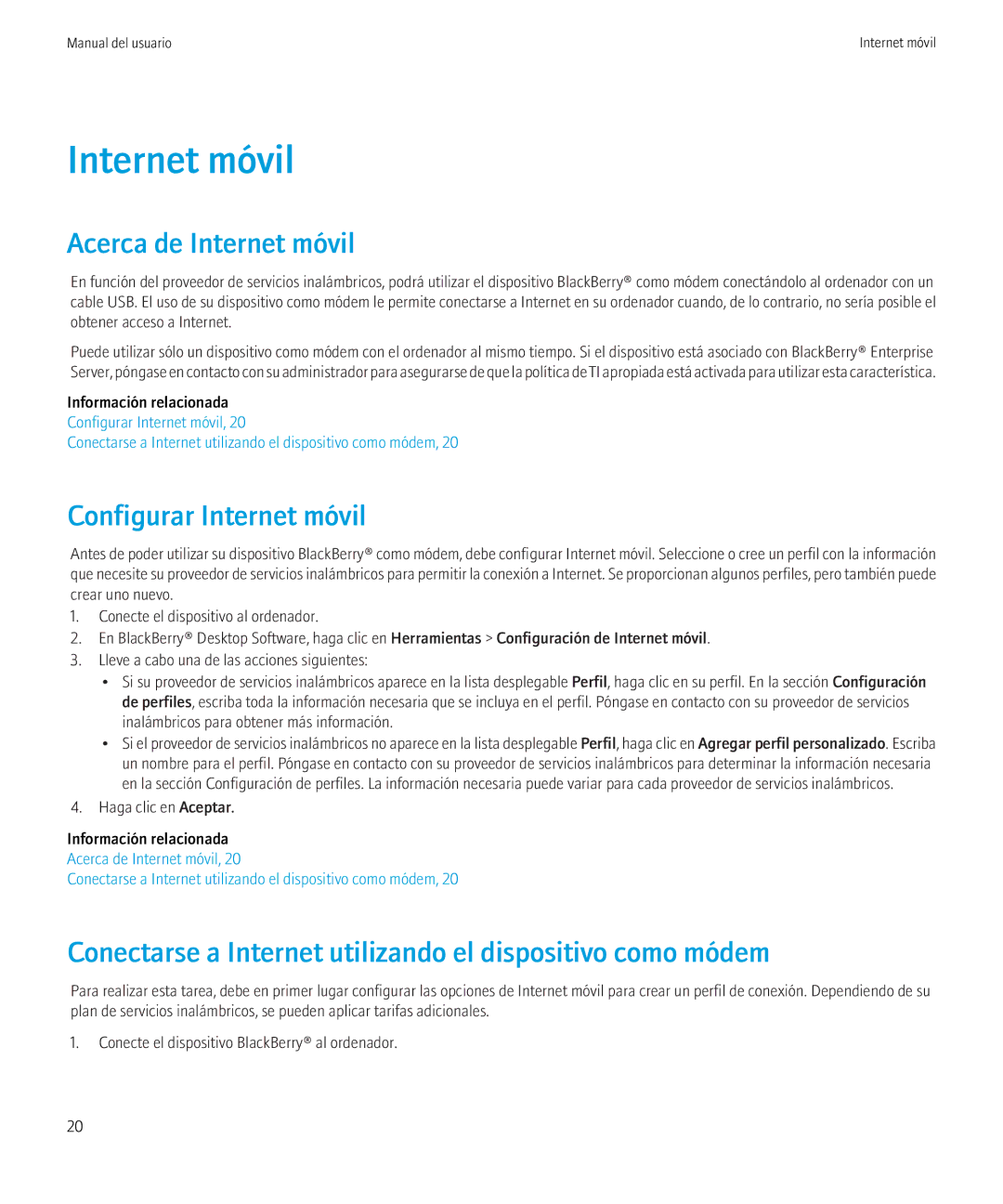Blackberry 6.0.0 manual Acerca de Internet móvil, Configurar Internet móvil 