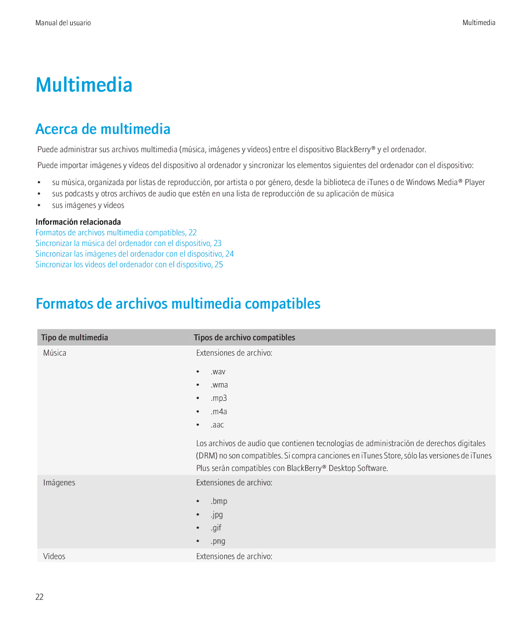 Blackberry 6.0.0 manual Multimedia, Acerca de multimedia, Formatos de archivos multimedia compatibles 