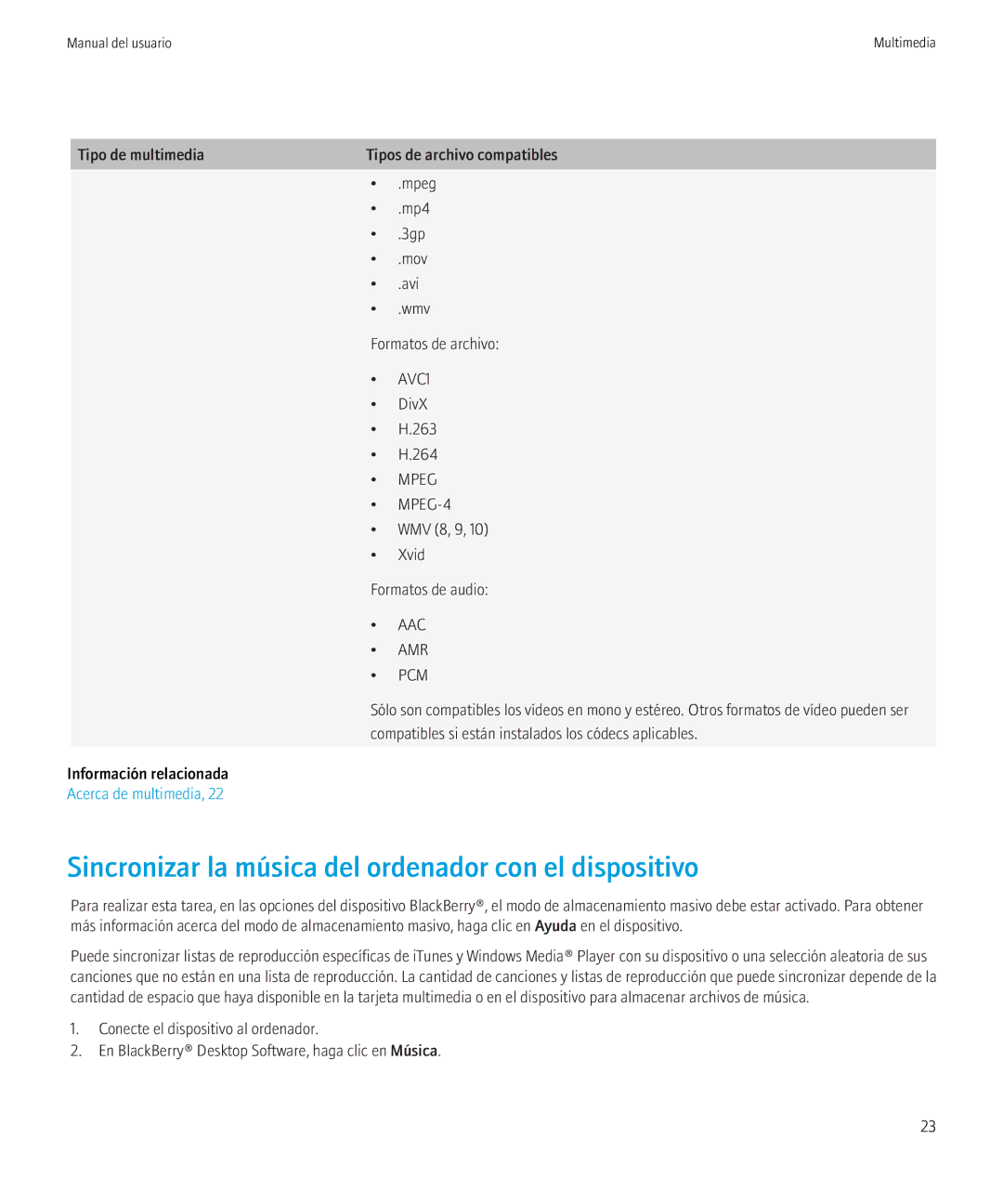 Blackberry 6.0.0 manual Sincronizar la música del ordenador con el dispositivo, Aac Amr Pcm 