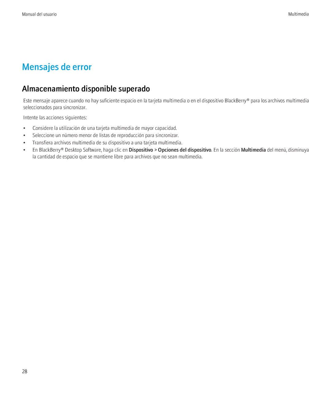 Blackberry 6.0.0 manual Mensajes de error, Almacenamiento disponible superado 