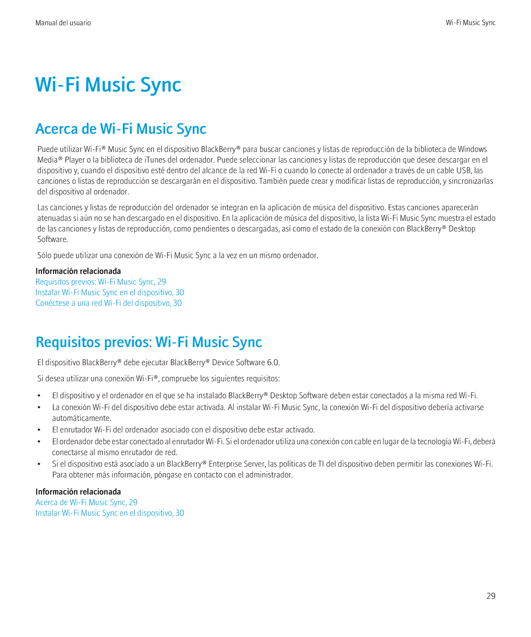 Blackberry 6.0.0 manual Acerca de Wi-Fi Music Sync, Requisitos previos Wi-Fi Music Sync 