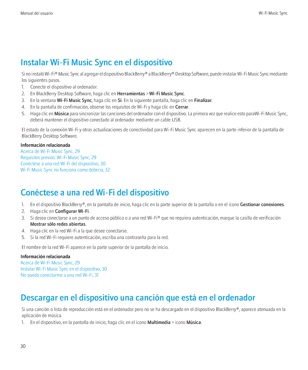 Blackberry 6.0.0 manual Instalar Wi-Fi Music Sync en el dispositivo, Conéctese a una red Wi-Fi del dispositivo 