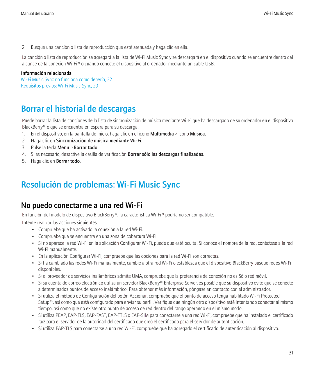 Blackberry 6.0.0 manual Borrar el historial de descargas, Resolución de problemas Wi-Fi Music Sync 