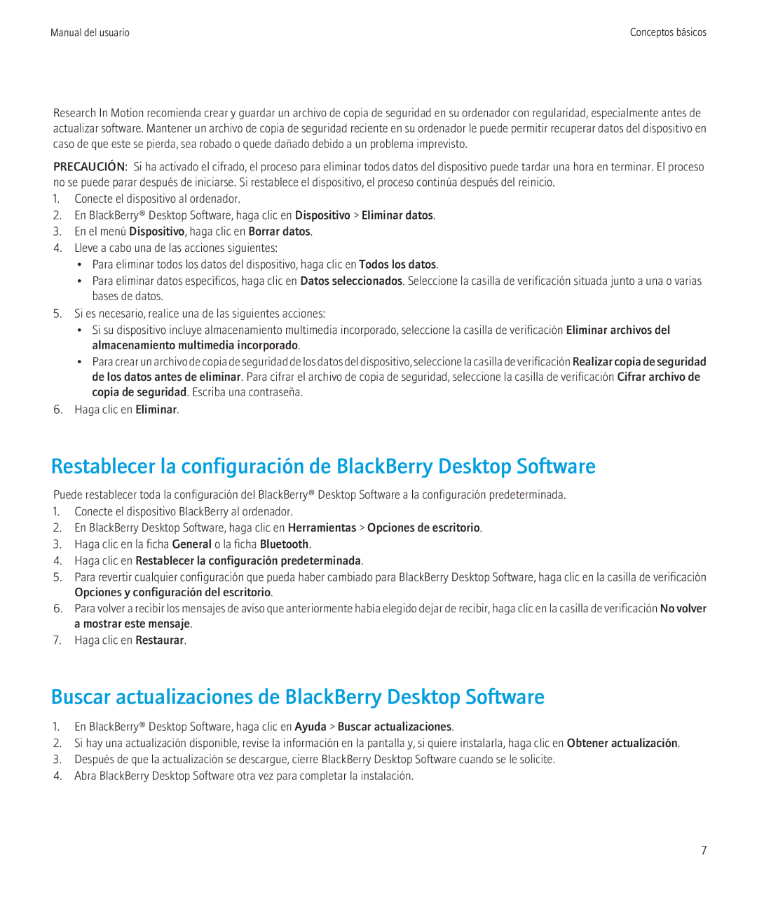 Blackberry 6.0.0 manual Restablecer la configuración de BlackBerry Desktop Software 