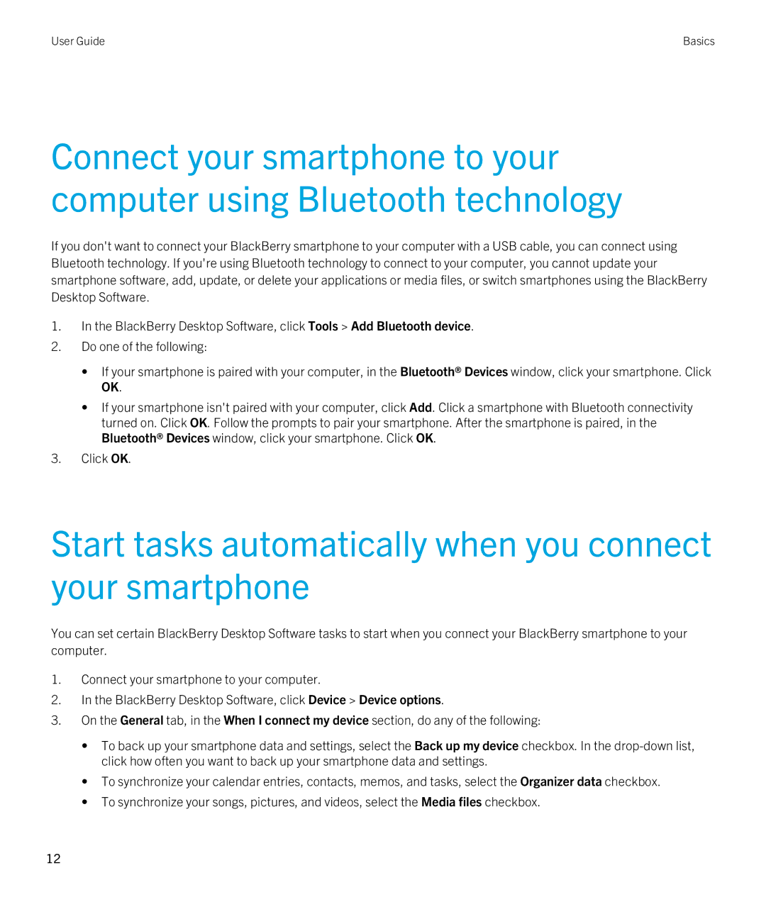 Blackberry 7.1 manual Start tasks automatically when you connect your smartphone 