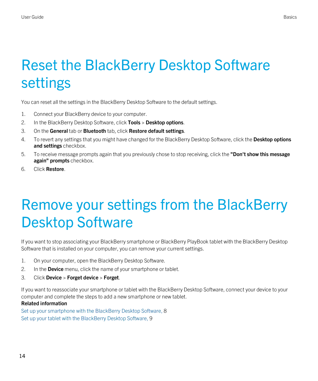 Blackberry 7.1 Reset the BlackBerry Desktop Software settings, Remove your settings from the BlackBerry Desktop Software 