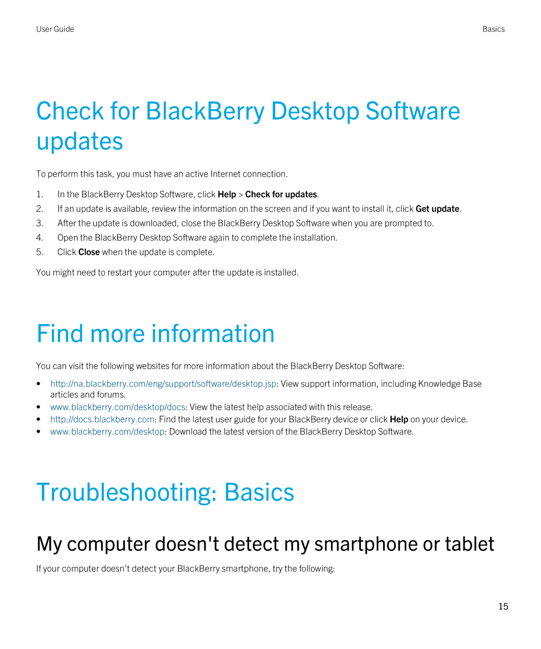 Blackberry 7.1 manual Check for BlackBerry Desktop Software updates, Find more information, Troubleshooting Basics 