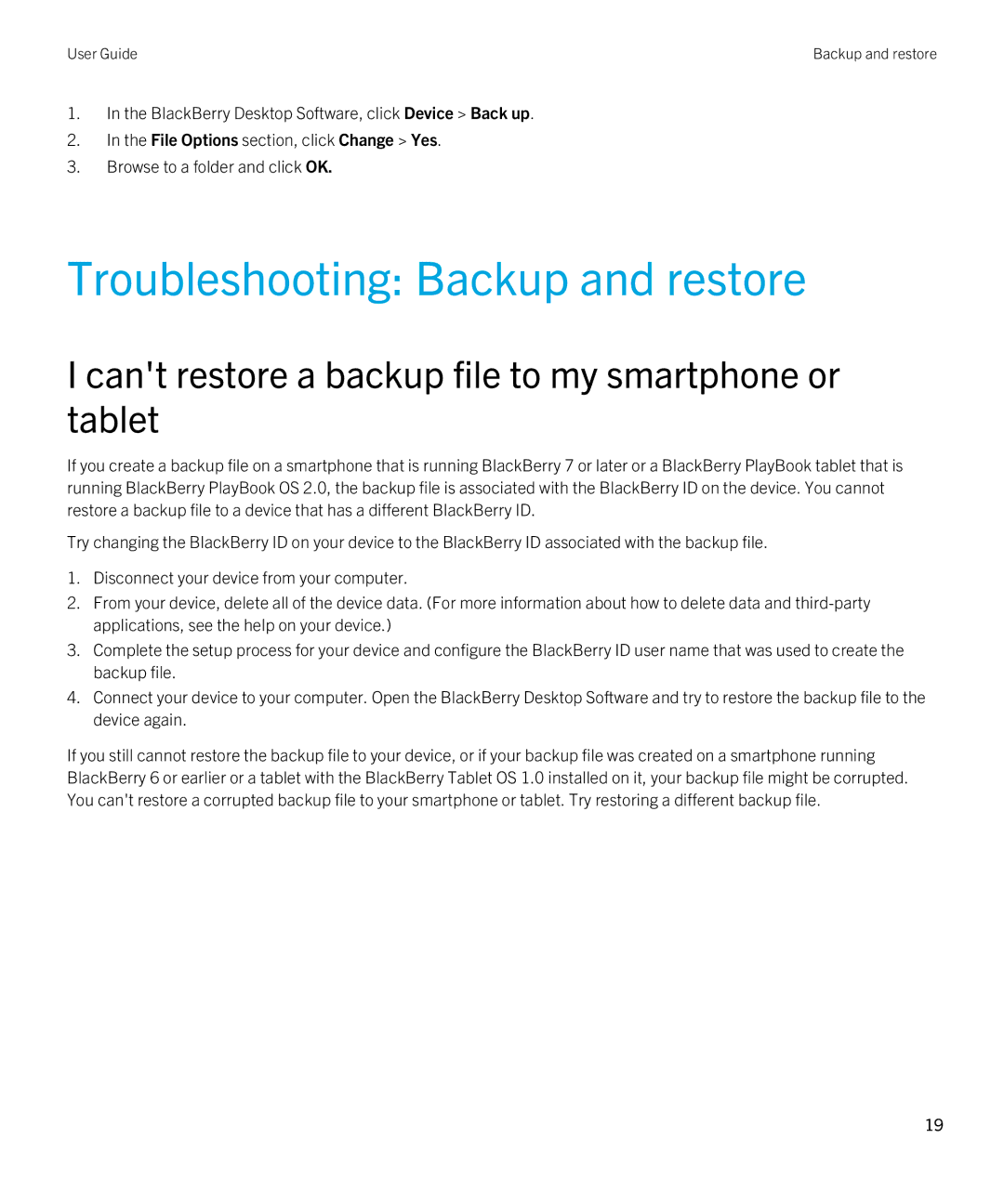 Blackberry 7.1 manual Troubleshooting Backup and restore, Cant restore a backup file to my smartphone or tablet 