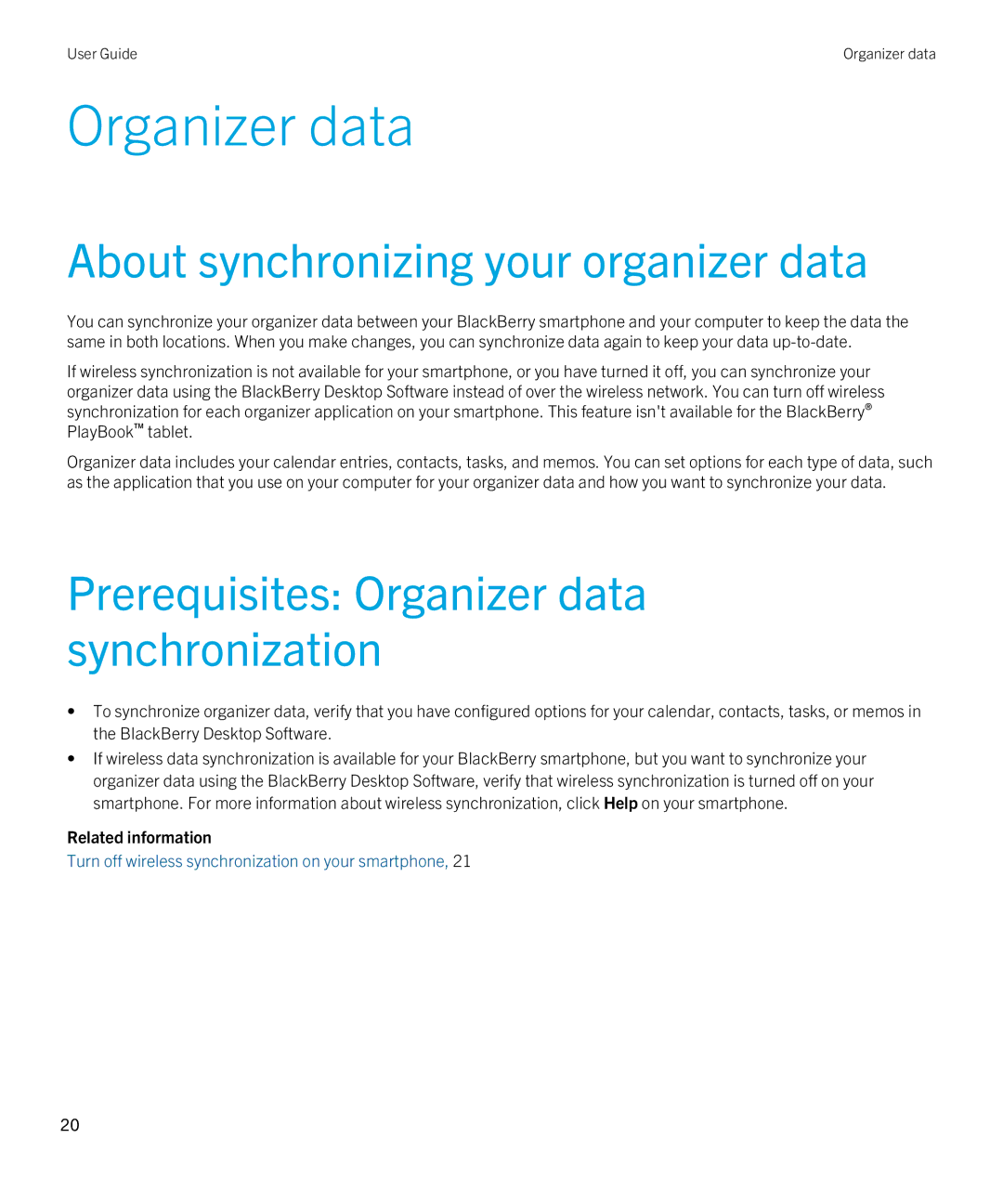 Blackberry 7.1 manual About synchronizing your organizer data, Prerequisites Organizer data synchronization 