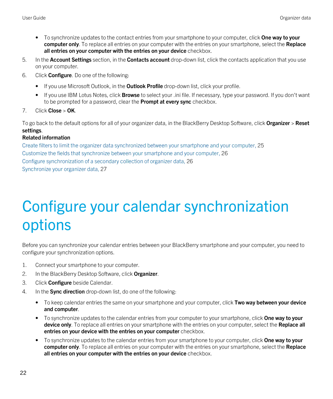 Blackberry 7.1 manual Configure your calendar synchronization options, Settings Related information 