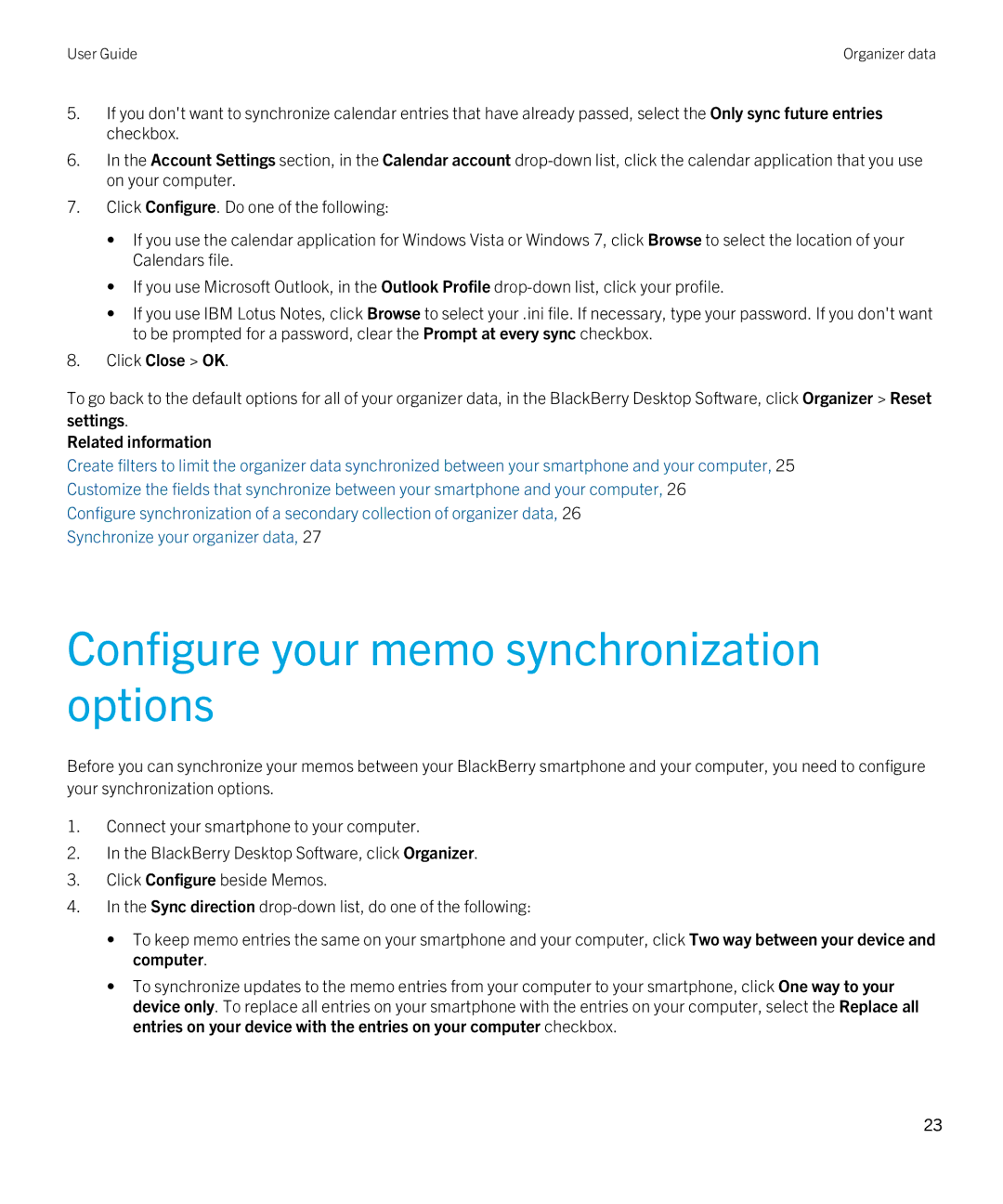 Blackberry 7.1 manual Configure your memo synchronization options 