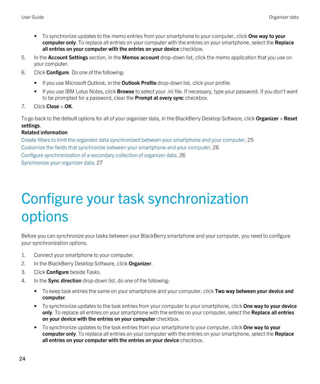 Blackberry 7.1 manual Configure your task synchronization options 