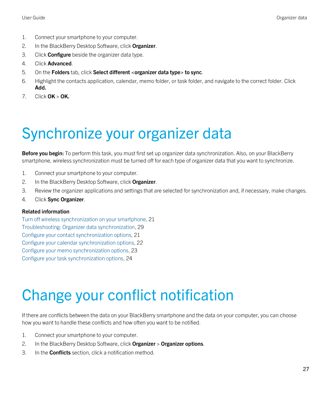 Blackberry 7.1 manual Synchronize your organizer data, Change your conflict notification, Add 