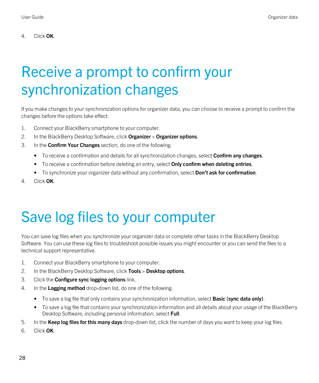 Blackberry 7.1 manual Receive a prompt to confirm your synchronization changes, Save log files to your computer 