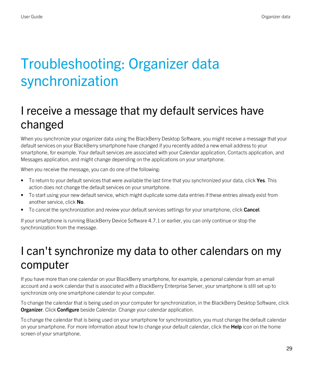 Blackberry 7.1 Troubleshooting Organizer data synchronization, Receive a message that my default services have changed 