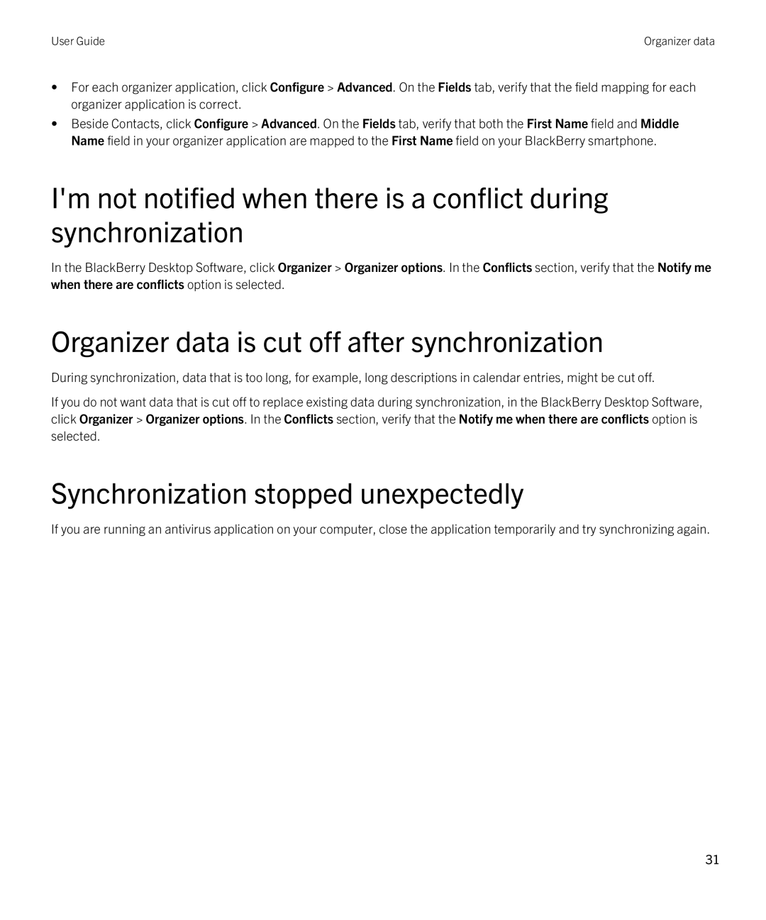 Blackberry 7.1 manual Organizer data is cut off after synchronization, Synchronization stopped unexpectedly 