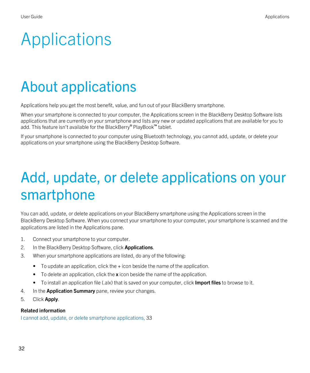 Blackberry 7.1 manual Applications, About applications, Add, update, or delete applications on your smartphone 