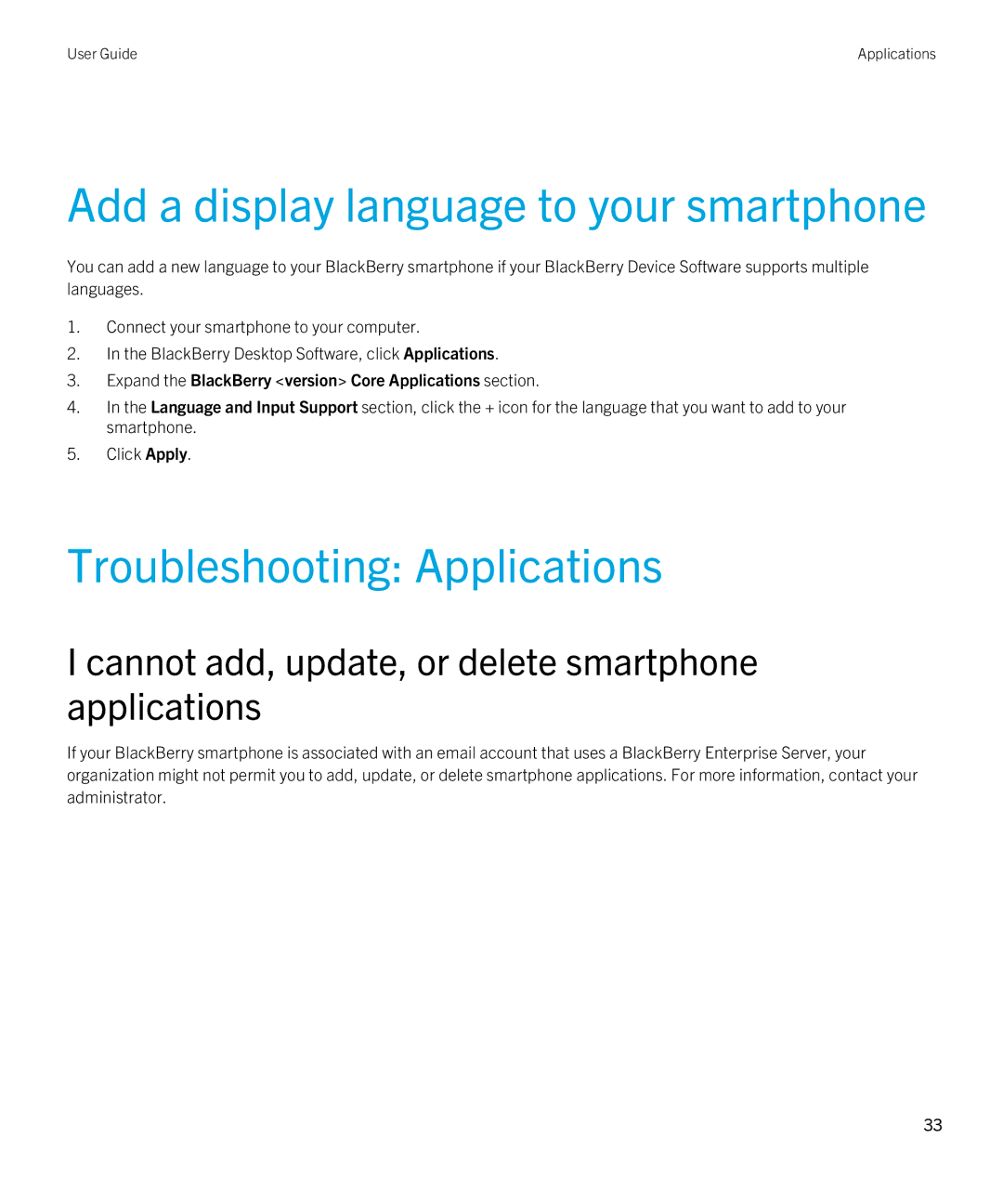 Blackberry 7.1 manual Add a display language to your smartphone, Troubleshooting Applications 