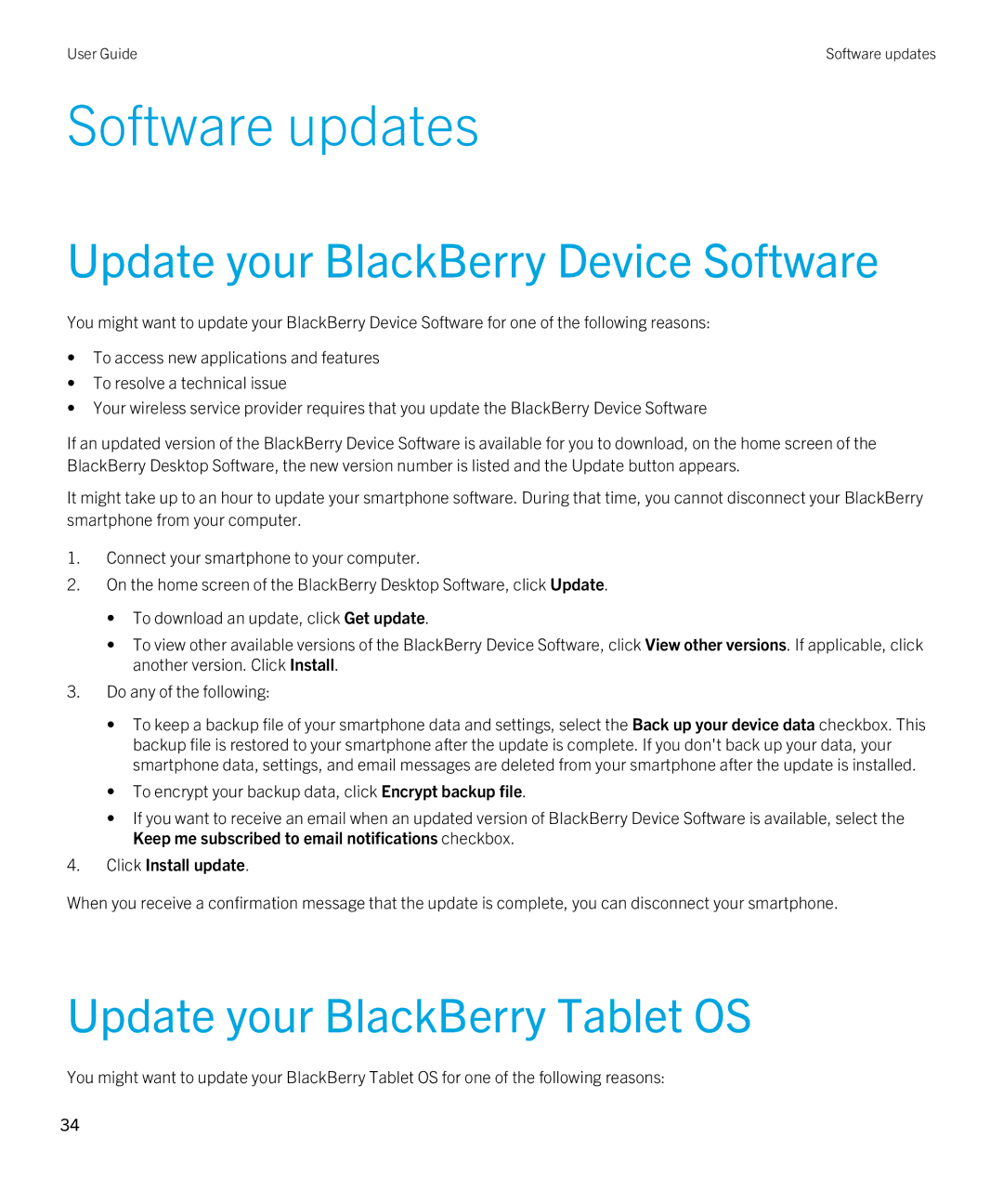 Blackberry 7.1 manual Software updates, Update your BlackBerry Device Software, Update your BlackBerry Tablet OS 