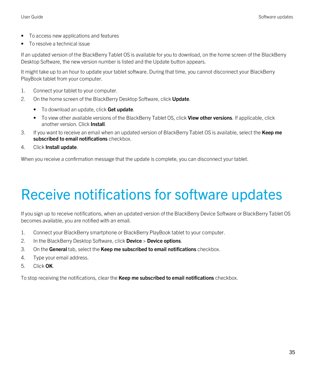 Blackberry 7.1 manual Receive notifications for software updates 