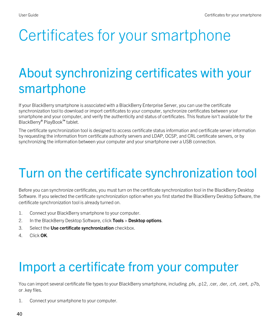 Blackberry 7.1 manual Certificates for your smartphone, About synchronizing certificates with your smartphone 