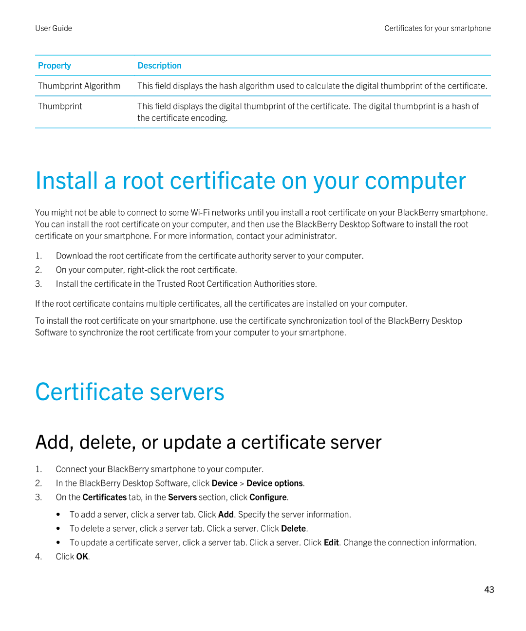 Blackberry 7.1 manual Install a root certificate on your computer, Certificate servers 