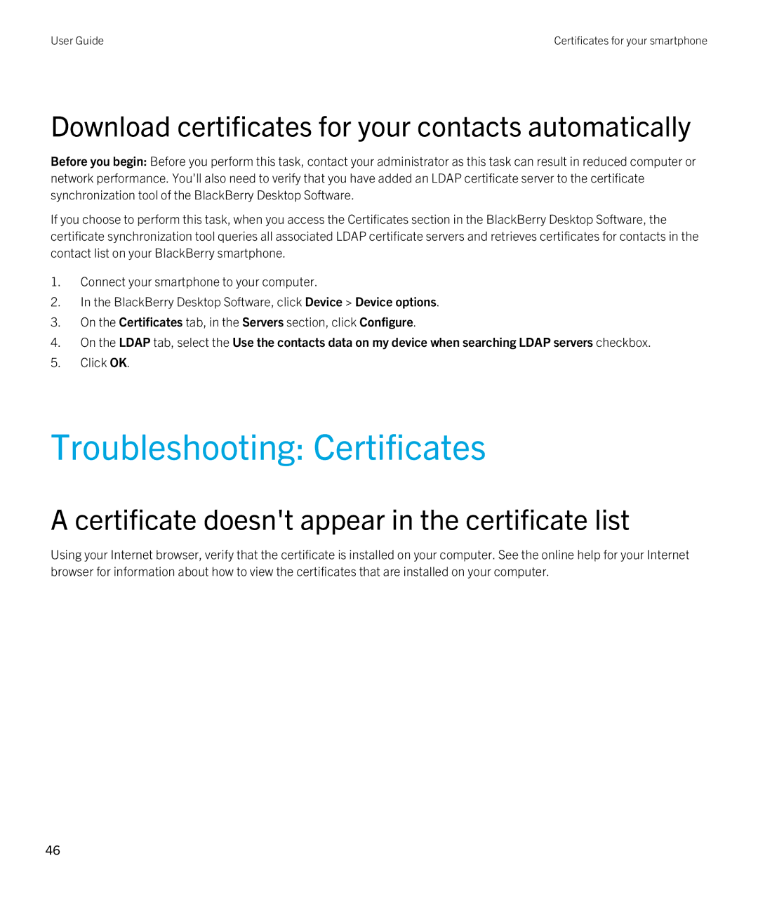 Blackberry 7.1 manual Troubleshooting Certificates, Download certificates for your contacts automatically 