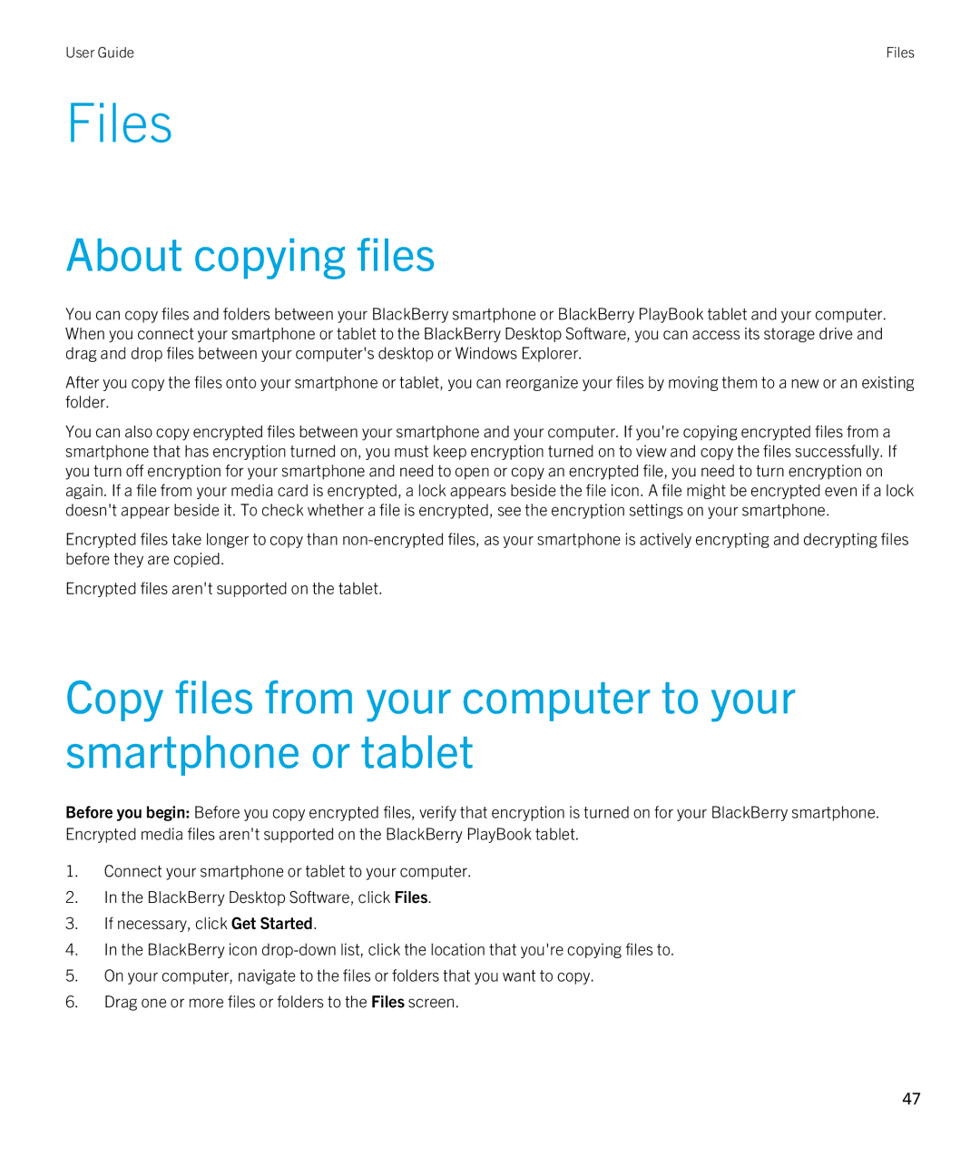 Blackberry 7.1 manual Files, About copying files, Copy files from your computer to your smartphone or tablet 