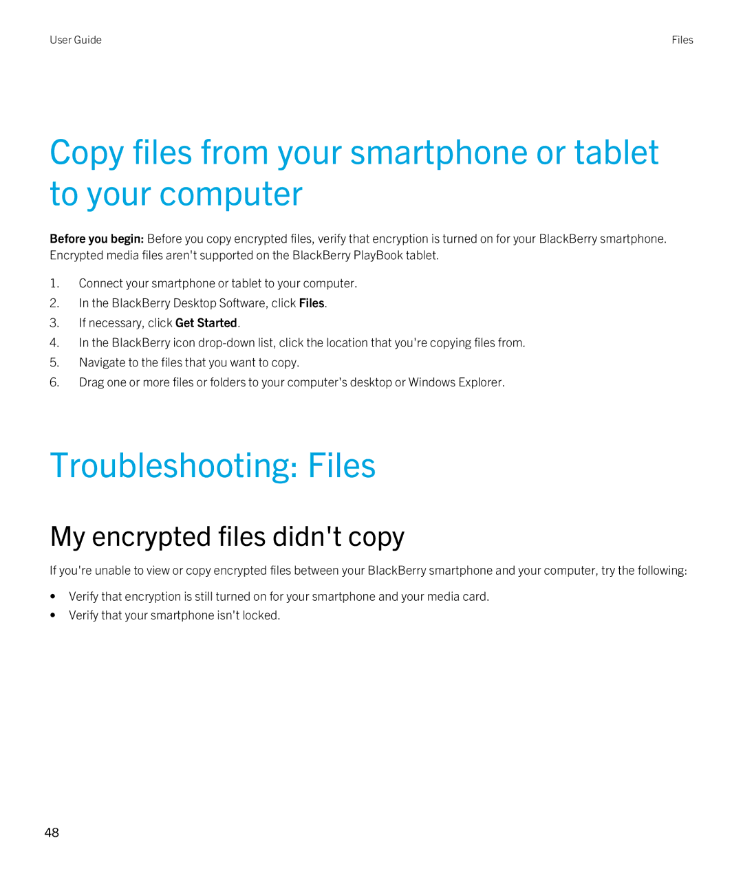 Blackberry 7.1 manual Copy files from your smartphone or tablet to your computer, Troubleshooting Files 