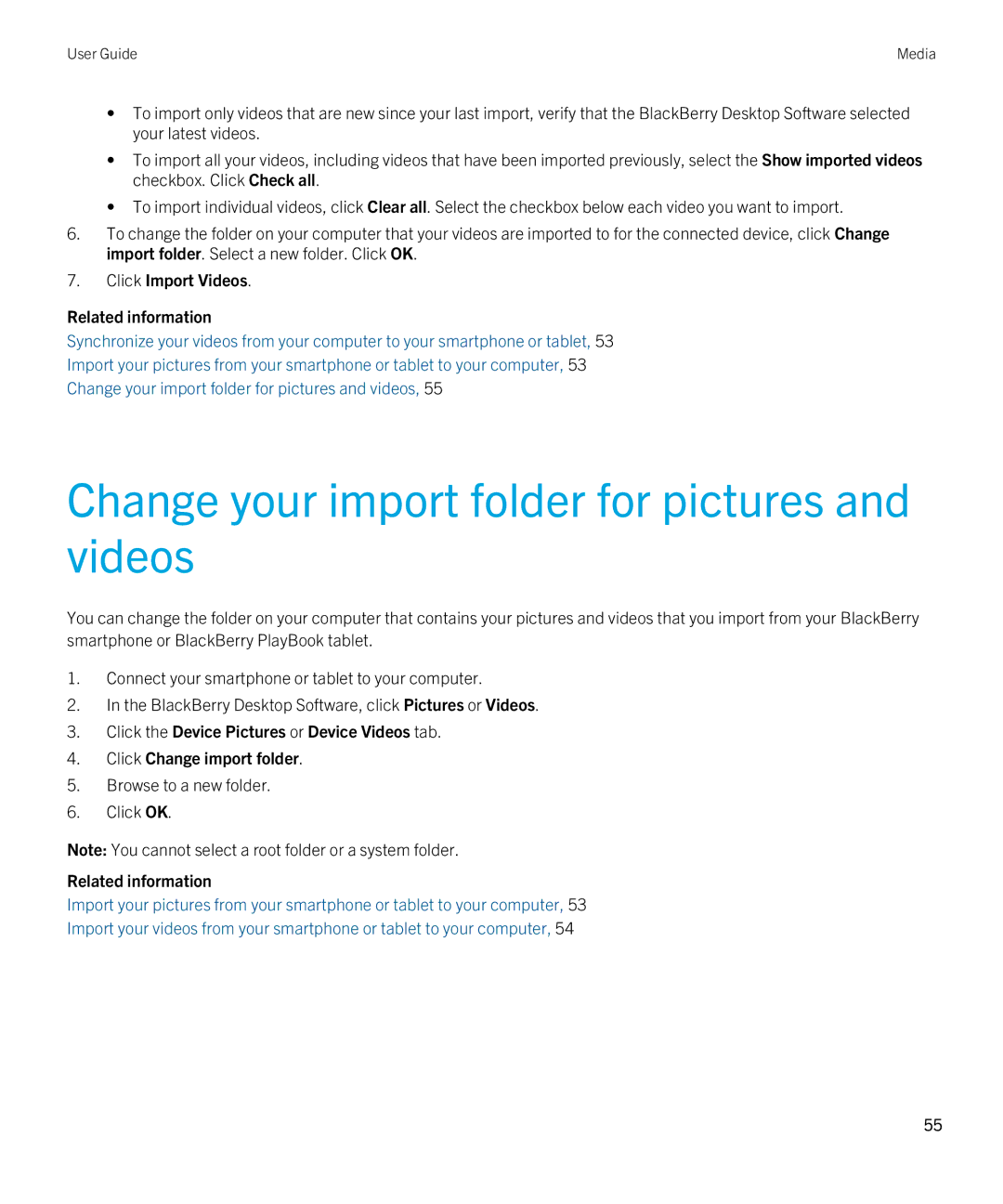 Blackberry 7.1 manual Change your import folder for pictures and videos, Click Import Videos Related information 