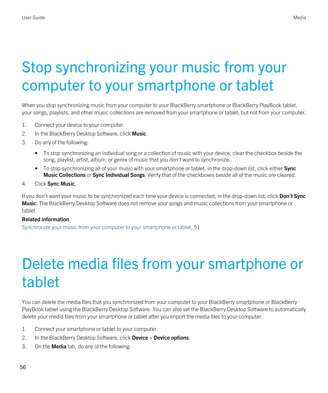 Blackberry 7.1 manual Delete media files from your smartphone or tablet, Click Sync Music 