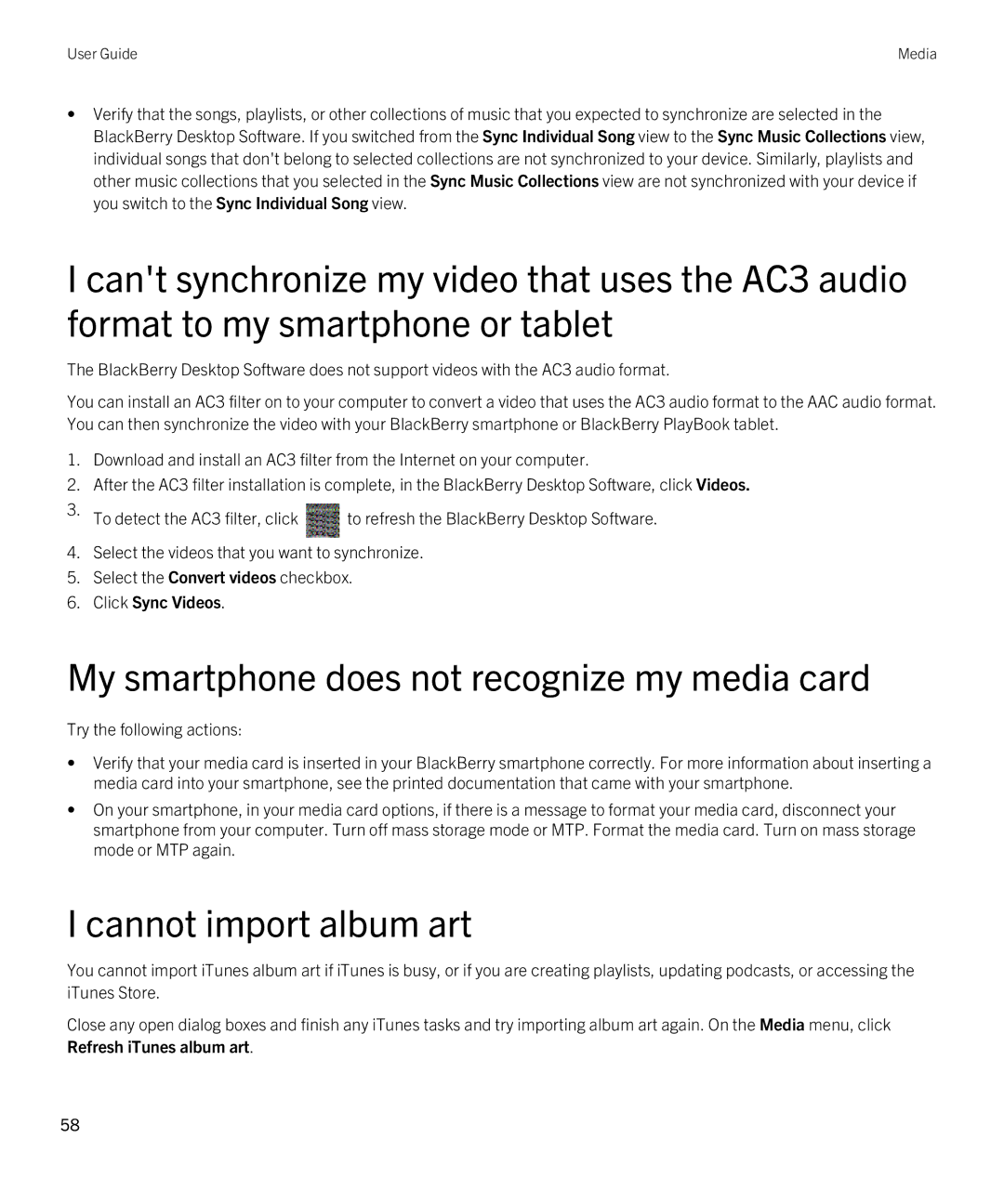 Blackberry 7.1 manual My smartphone does not recognize my media card, Cannot import album art, Refresh iTunes album art 