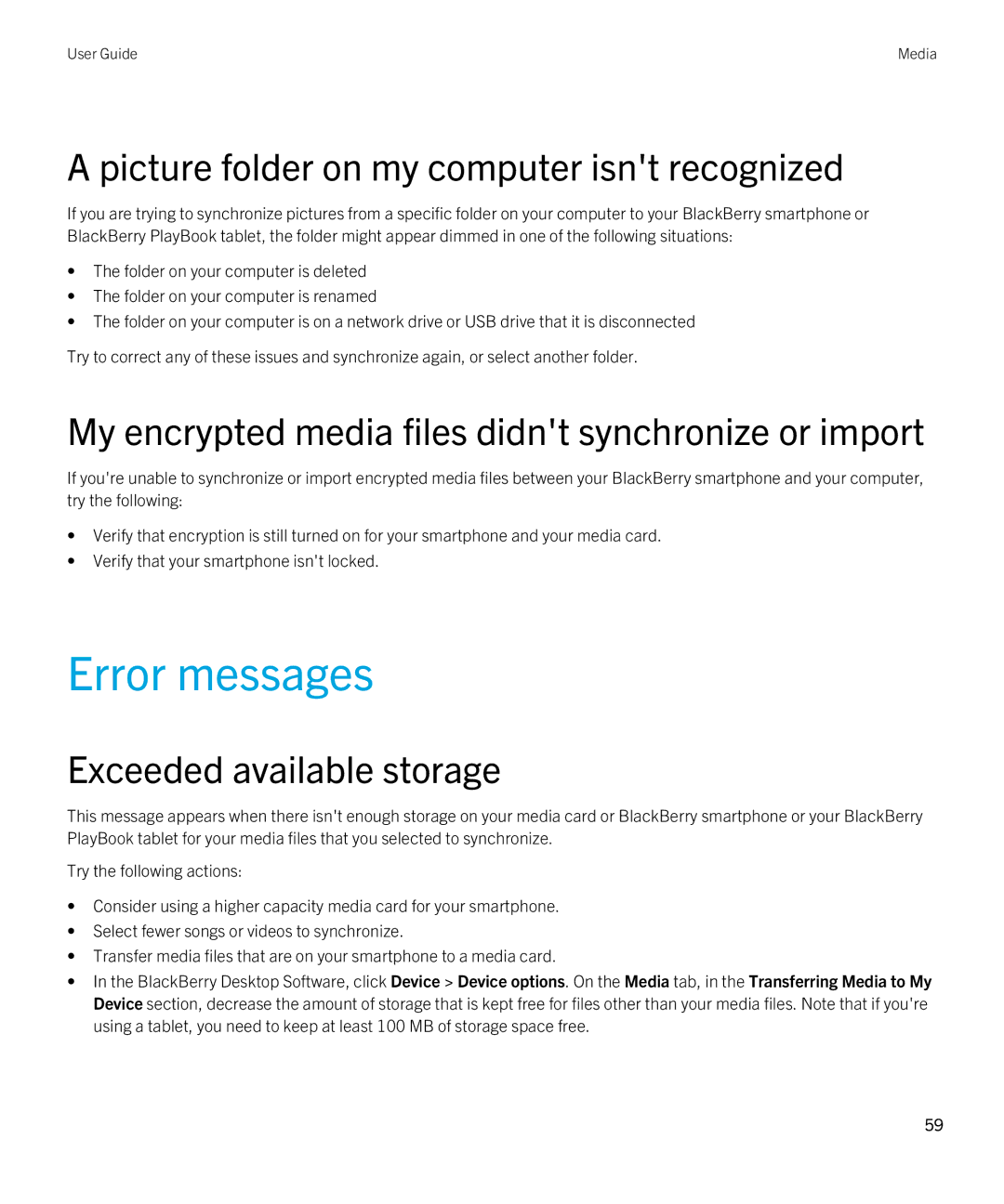 Blackberry 7.1 manual Error messages, Picture folder on my computer isnt recognized, Exceeded available storage 